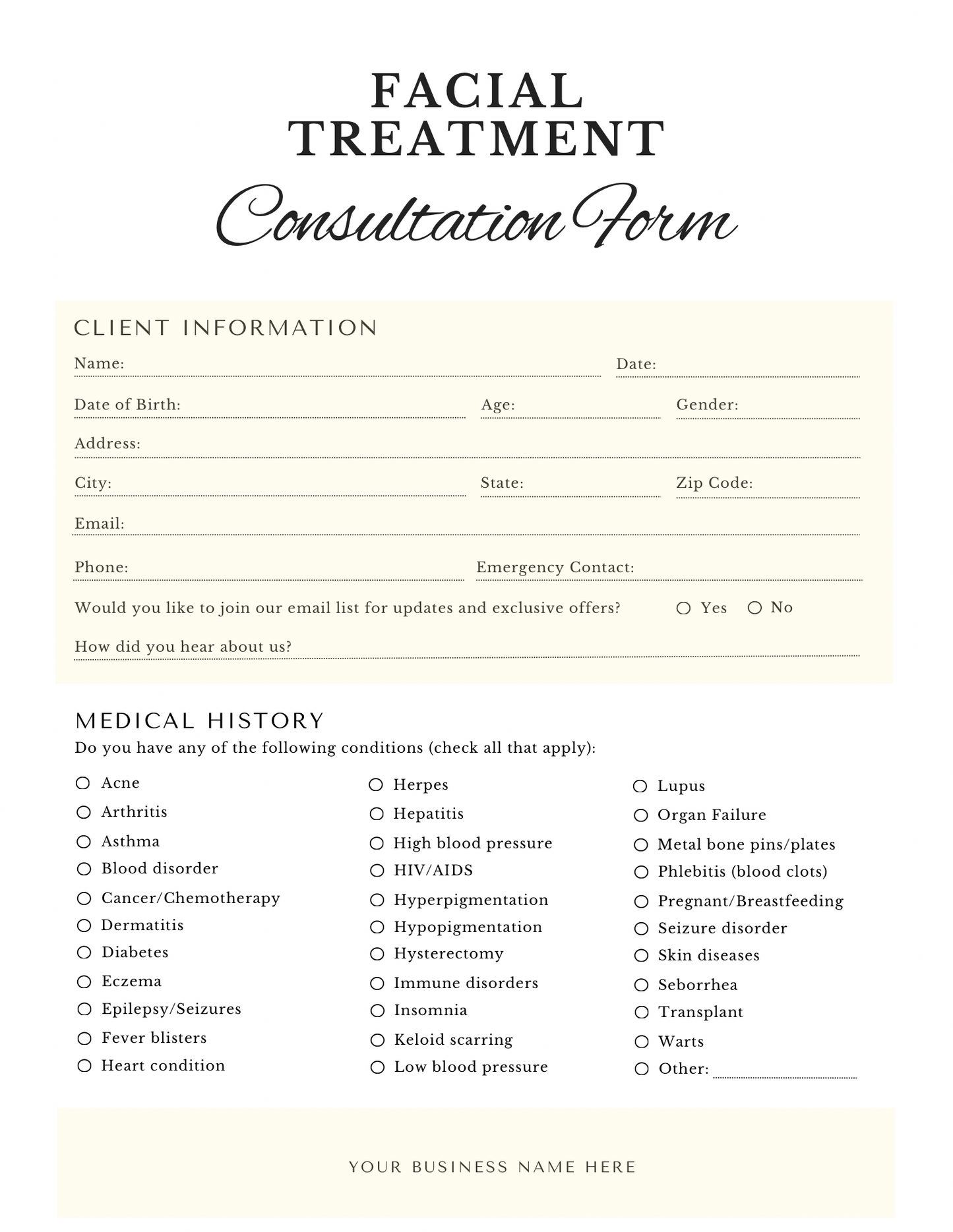 Editable Facial Consent & Client Intake Forms Bundle for Estheticians – Skin Analysis & Medical History Templates