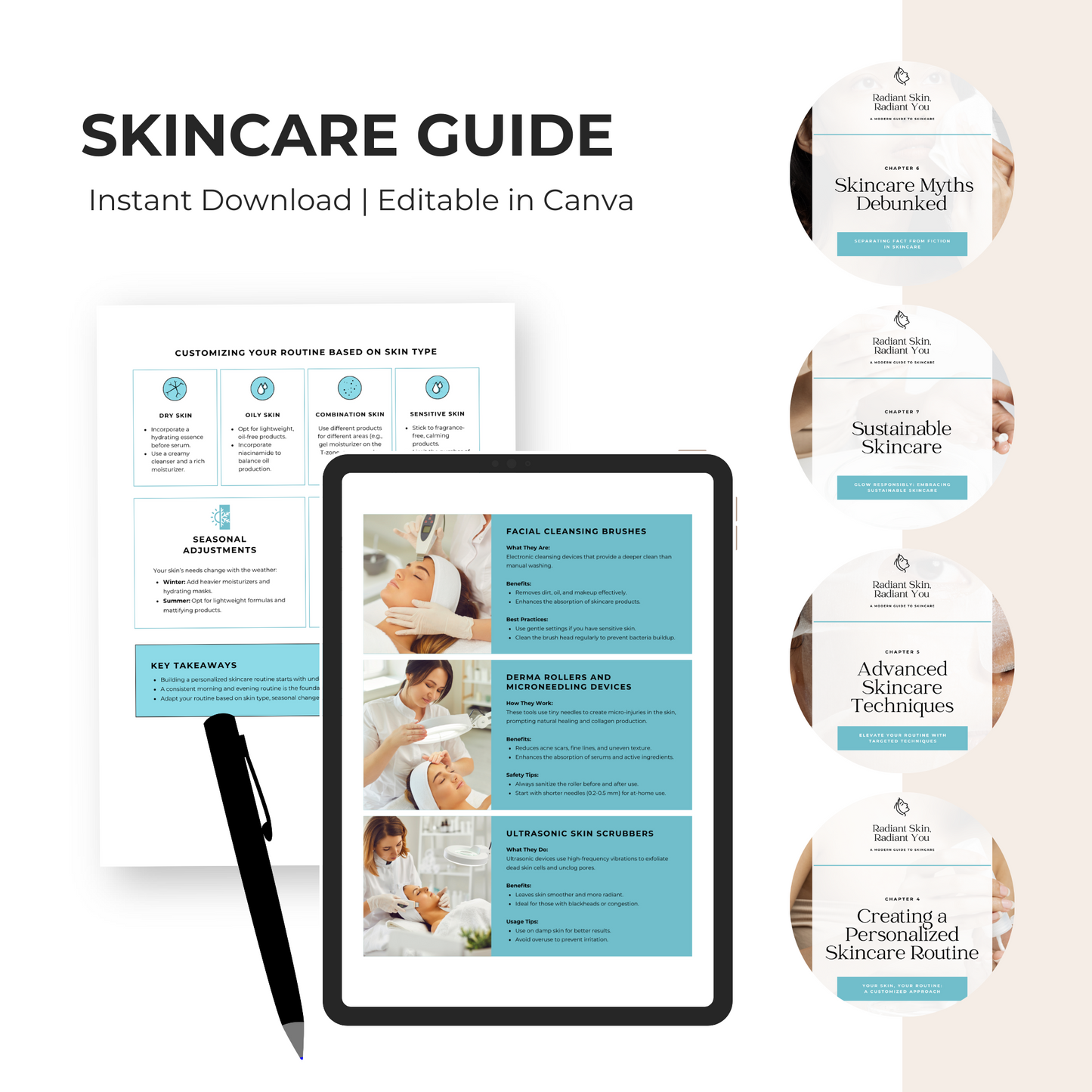 Skincare eBook, Glowing Skin Guide,Esthetician Training,Healthy Skin Tips, Canva Done For You Digital Template