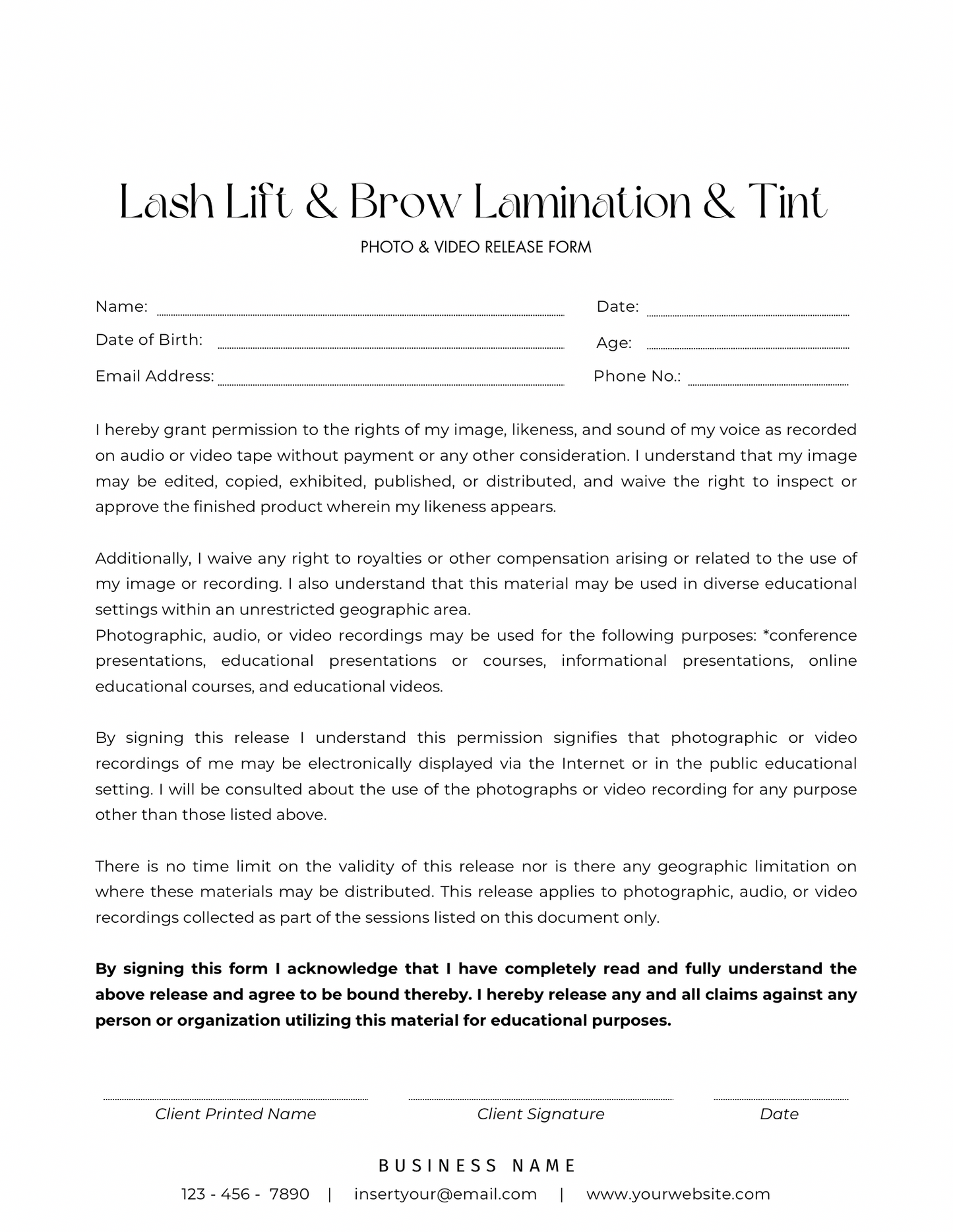 Lash Lift & Brow Lamination Forms | Client Intake, Consent & Waiver PDF