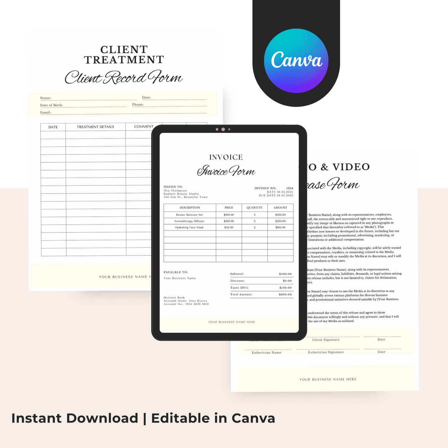 Editable Facial Consent & Client Intake Forms Bundle for Estheticians – Skin Analysis & Medical History Templates