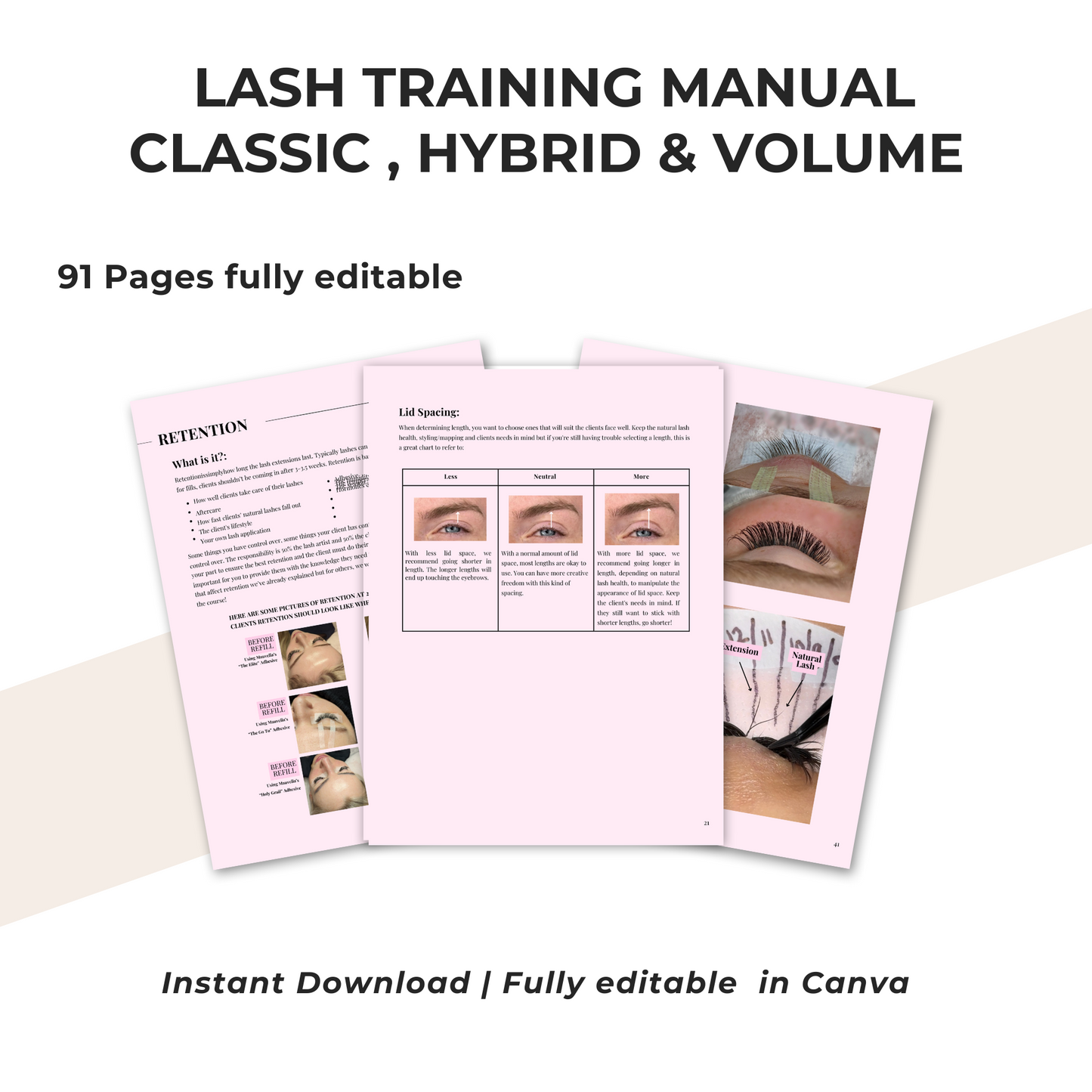 Editable Lash Training Manual | Classic, Hybrid & Volume Techniques | Canva Editable E-Book for Lash Educatorsl