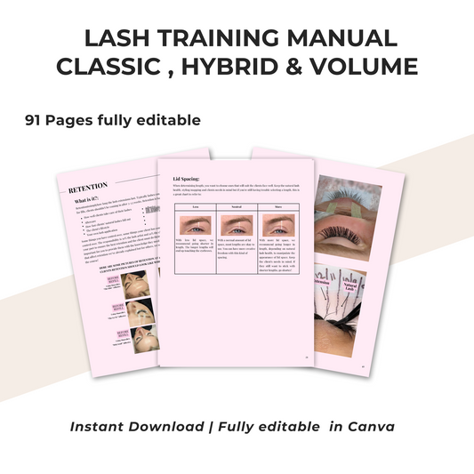 Editable Lash Training Manual | Classic, Hybrid & Volume Techniques | Canva Editable E-Book for Lash Educatorsl