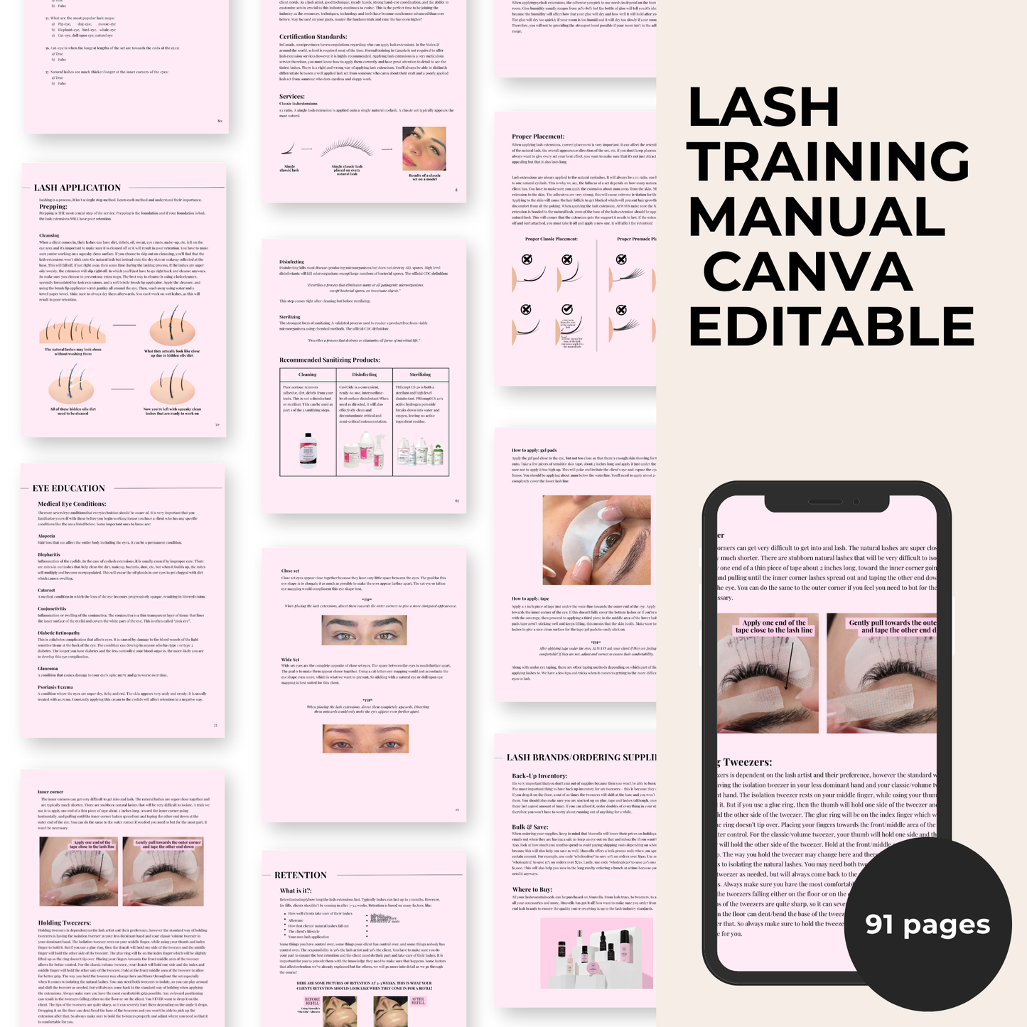 Editable Lash Training Manual | Classic, Hybrid & Volume Techniques | Canva Editable E-Book for Lash Educatorsl