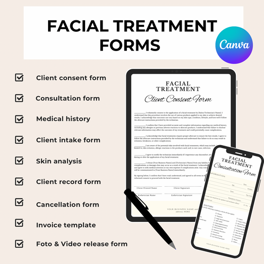 Editable Facial Consent & Client Intake Forms Bundle for Estheticians – Skin Analysis & Medical History Templates