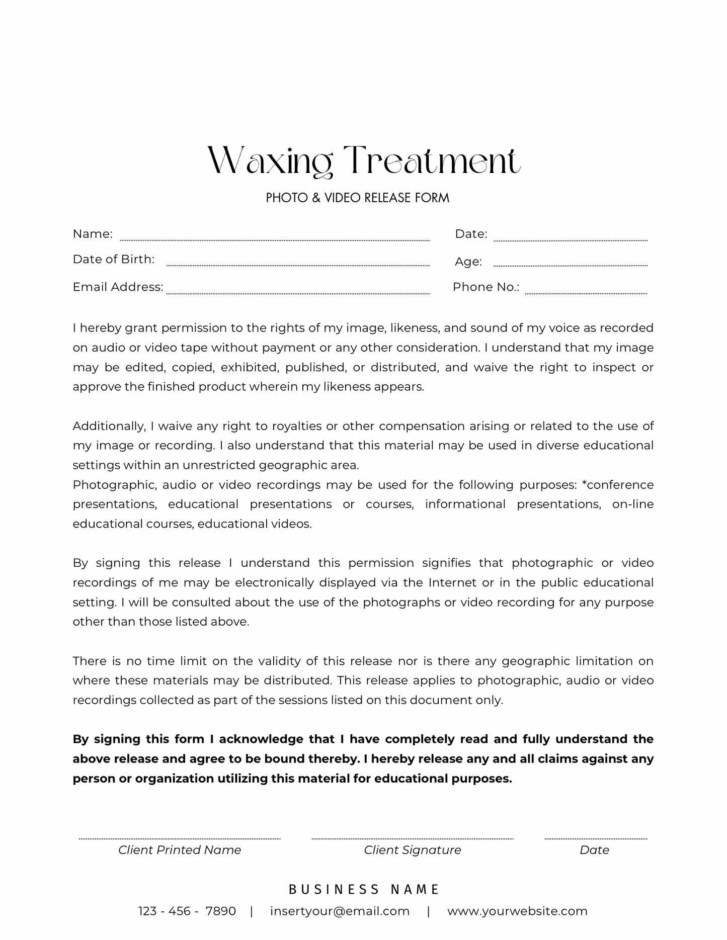 Waxing Treatment Consent & Client Intake Forms – Printable PDF- Canva Editable